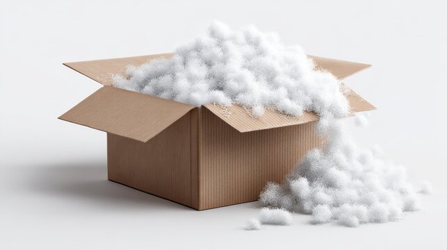 3D render of partially opened box with polystyrene filler overflowing, isolated on white, clear visibility of lightweight packaging material