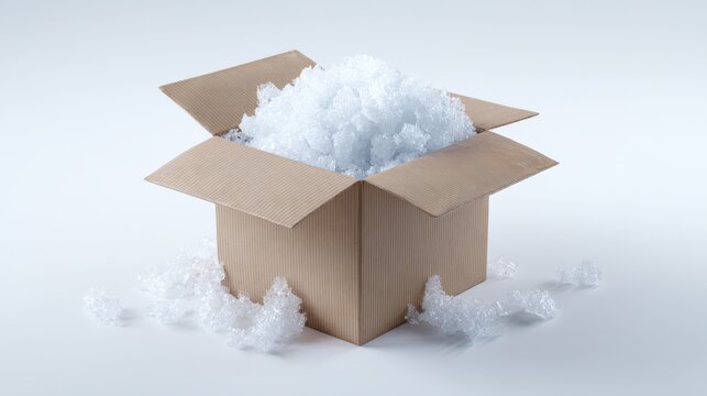 3D render of partially opened box with polystyrene filler overflowing, isolated on white, clear visibility of lightweight packaging material