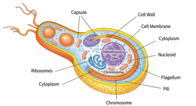 Comprehensive prokaryotic cell diagram illustrating bacterial anatomy, featuring labeled flagellum, nucleoid, cell wall, and ribosomes.