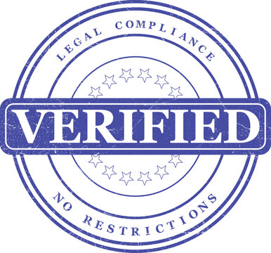 Verified Stamp - Blue Circular Seal with Text 'Verified', 'Legal Compliance', and 'No Restrictions' indicating Approval and Authenticity