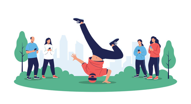 Energetic breakdancer performs a headstand on the grass while a group of people watches and records with their smartphones.