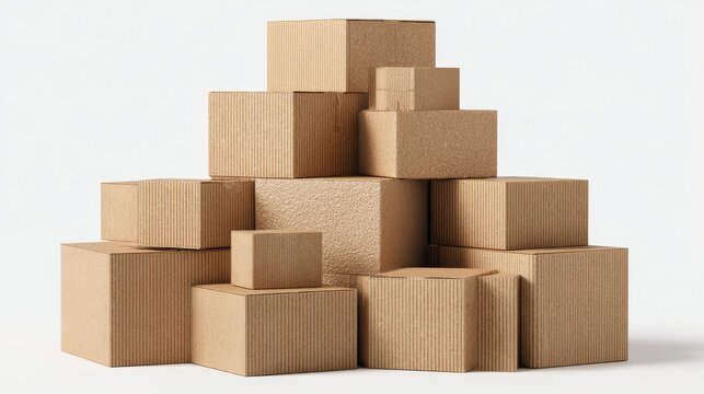 Stack of brown cardboard boxes in various sizes arranged in pyramid shape, clean white background, realistic shadows and corrugated textures