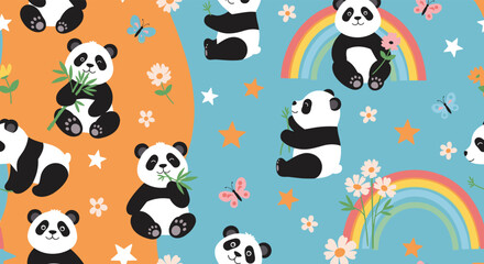Fototapeta premium Adorable seamless pattern for children featuring cute pandas, colorful rainbows, butterflies, and stars on a blue background.