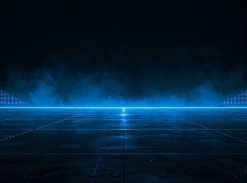 A dark minimalist abstract background featuring a glowing blue neon line over a perspective grid floor with atmospheric smoke and fog. Hyperrealistic 3D render.