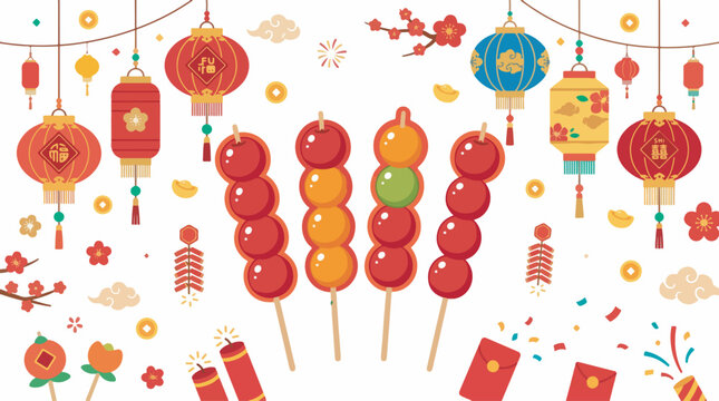 A vibrant illustration of Chinese New Year decorations including lanterns, firecrackers, and candied fruit skewers.