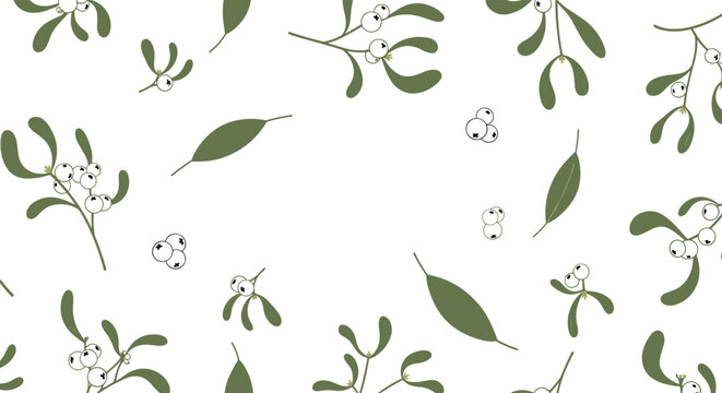Elegant holiday pattern features mistletoe branches with green leaves and white berries scattered across a clean white background.