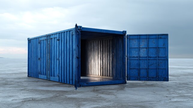 Blue shipping container with one full-length side wall removed, exposing a clean and empty interior, rendered in 3D with realistic lighting and shadow effects