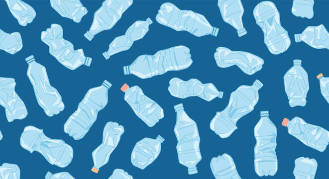 Seamless pattern of crumpled and empty plastic water bottles on a dark blue background to represent plastic waste and recycling issues.