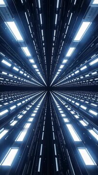 Tunnel creating a cyberpunk aesthetic, moving forward into a never ending sci fi dimension with illuminated panels.