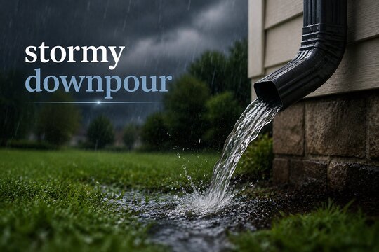Rainwater pours from a downspout onto a grassy lawn during a storm.