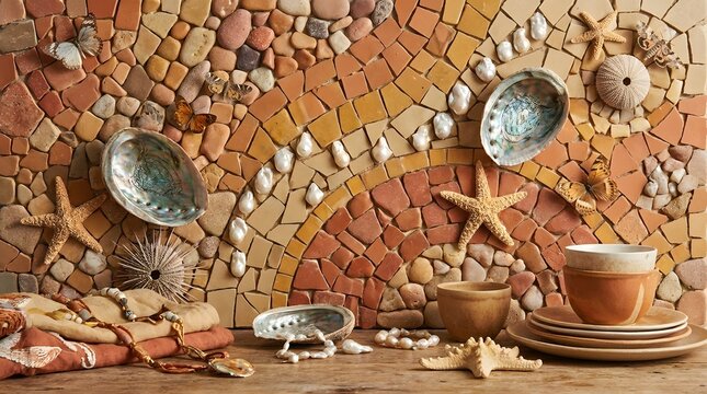 Vibrant mosaic wall art with shells, starfish, pearls and butterflies on a wooden table.