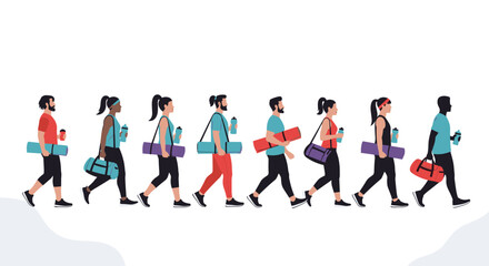 Obraz premium Diverse group of active people in sportswear walking together with yoga mats and sports bags to a fitness training session.