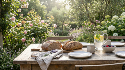 Fototapeta premium Elegant Outdoor Breakfast Table Top View