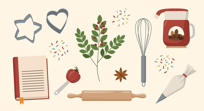 Assortment of baking ingredients and kitchen tools including a whisk, rolling pin, recipe book, and festive cookie cutters.