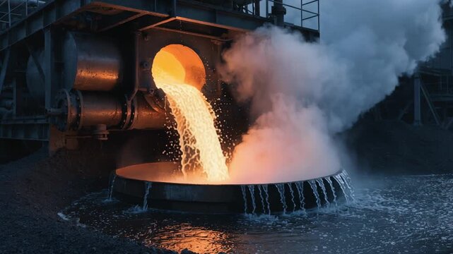 Medium shot of nonferrous slag granulation system at night showing steam rising as molten slag meets water creating fine black granules for safe disposal