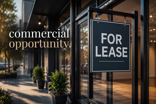 A "FOR LEASE" sign is displayed outside a modern commercial building.