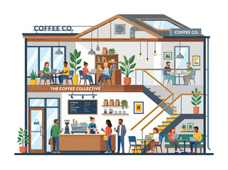 Obraz premium Flat Vector Coffee Shop Cutaway Illustration with Clean Geometric Interior Design