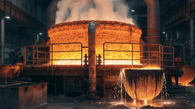 Electric anode furnace glowing intensely as molten copper undergoes precise temperature control during oxidation and reduction ready for ladle pouring into molds