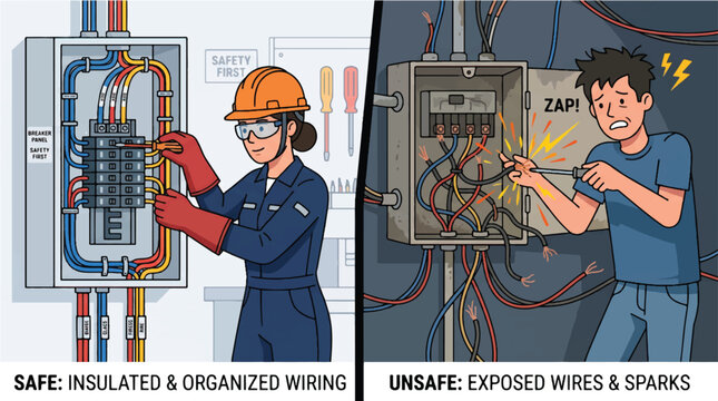 Electrician safety comparison safe versus unsafe wiring practices with worker and shocked man