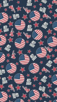 Independence Day Vertical Video &ndash; Looping vertical animation featuring a seamless patriotic pattern of American flag badges, Statue of Liberty, stars, and 4th of July typography on a navy background.