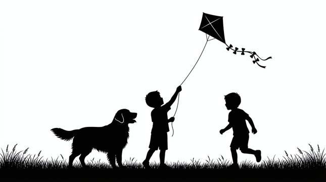 Silhouette of two boys playing with a kite and a dog in the field