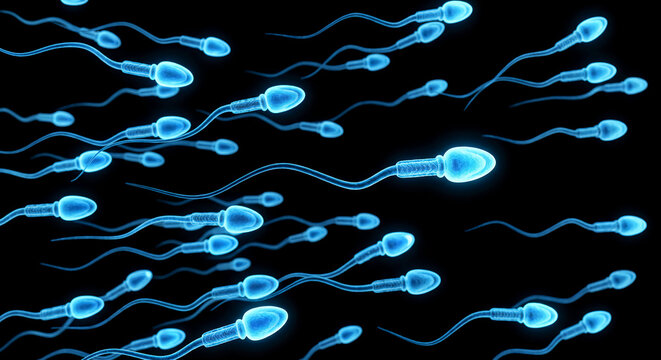 Glowing blue sperm cells swimming across a black background, with one prominent cell in sharp focus.
