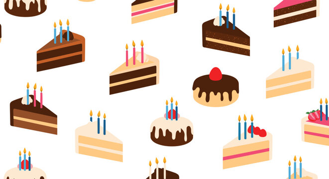 Seamless background pattern featuring many different slices of delicious chocolate and vanilla birthday cakes.