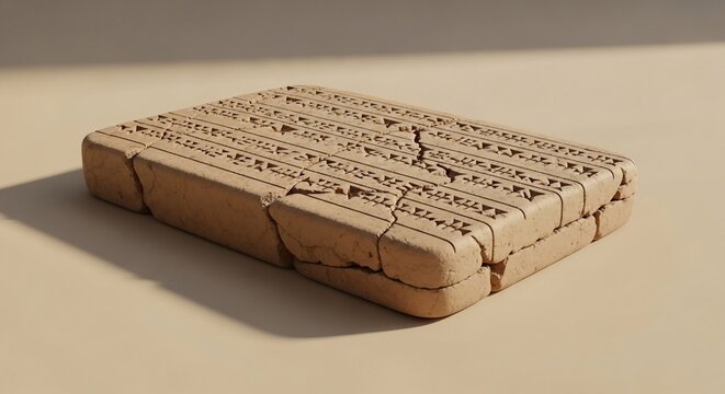 Ancient clay tablet with cuneiform script isolated on a neutral background