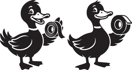 Obraz premium Two duck silhouettes holding tape rolls on white background with adhesive tape silhouette illustration adhesive isolated