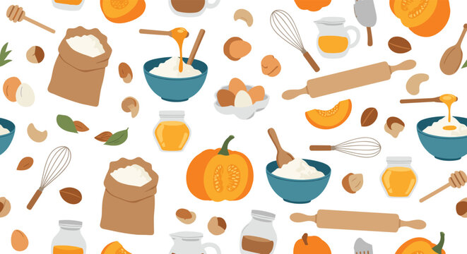 Seamless background pattern with baking ingredients and kitchen tools including flour, eggs, pumpkin, honey, and whisks on white.