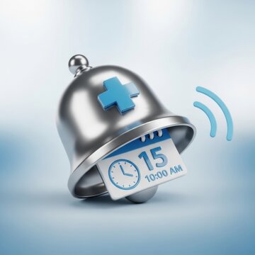 3d metallic bell with medical cross and calendar showing date 15 at 10 am on blue background