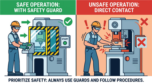 Worker demonstrating safe and unsafe machine operation with safety guard