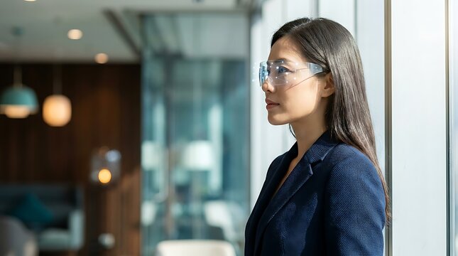 Asian Businesswoman Wearing Futuristic Smart Glass Visor With HUD Interface