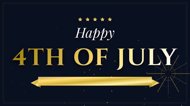 Animated Typographic  4th of July independence day celebration with firework and falling white particle.