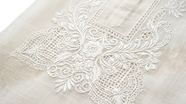 Intricate White Floral Embroidery on Traditional Barong Tagalog Fabric