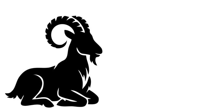 The image features a black silhouette of a sitting ibex with large, curved horns against a plain white background