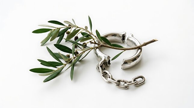 Broken Shackle and Olive Branch on White Background Peace Concept