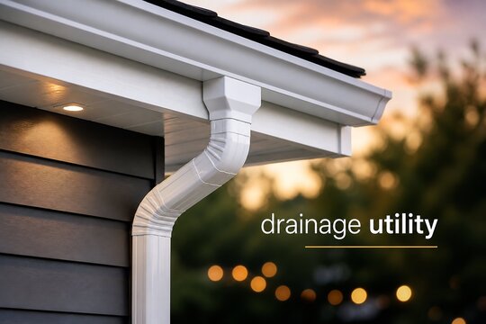 A close-up of a white gutter system on a house against a sunset backdrop with the text "drainage utility".