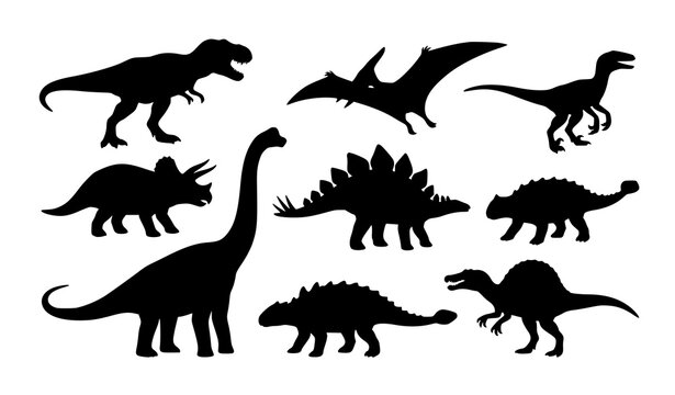 Dinosaur silhouette vector set with prehistoric animals isolated on white background