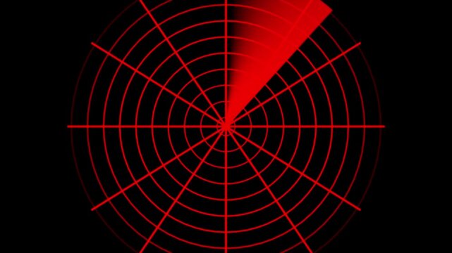 Red radar screen scanning animation, digital sonar interface background, for military and, tech projects