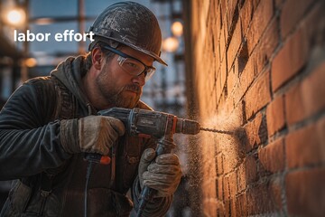 Fototapeta premium A construction worker uses a jackhammer on a brick wall outdoors.