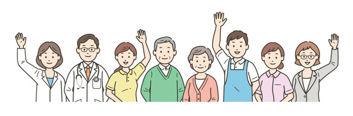 Fototapeta premium 高齢者夫婦と社会福祉を支える医師と看護師と介護士とケアマネージャーと栄養士が集合した上半身イラスト