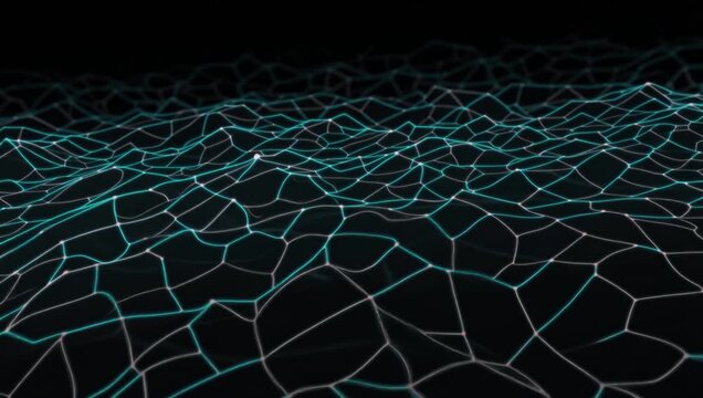 Abstract 3D Digital Terrain Grid Loop with Glowing Cyan Wireframe Mesh over Black Background
