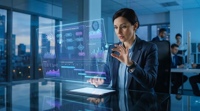 Professional Businesswoman Interacting with a Futuristic Holographic Display, Analyzing Digital Data and Strategic Information in a Modern High-Tech Office Environment