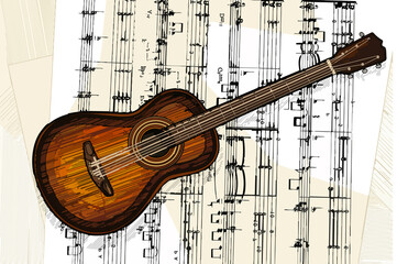 Naklejka premium A dark wood classical guitar painting golden musical notes in the air