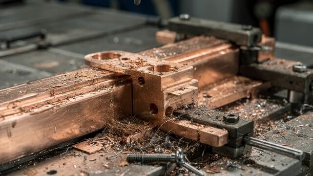 Closeup on copper busbars being formed and drilled for transformer components highlighting the intricate metalworking processes essential for reliable power equipment