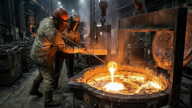 Medium shot featuring workers sampling molten lead from refining kettles highlighting the texture and vivid glow of the liquid metal