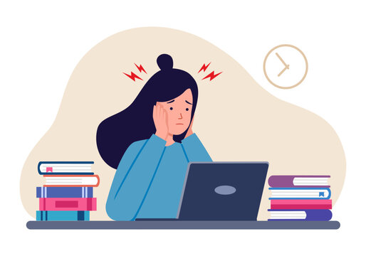 Female student gets upset and worried about university. Concept of burnout and stress vector illustration
