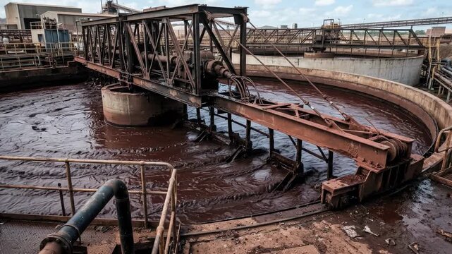 Groundlevel perspective capturing detailed mechanics of red mud thickener basins with rotating rake arms actively stirring dense mineral sludge in an industrial environment