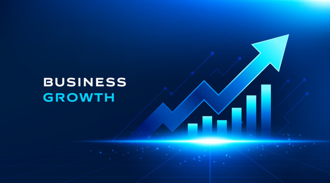 Business growth technology blue background with rising arrow and glowing bar chart vector. Digital financial success concept for presentation, banner, analytics, and corporate reports